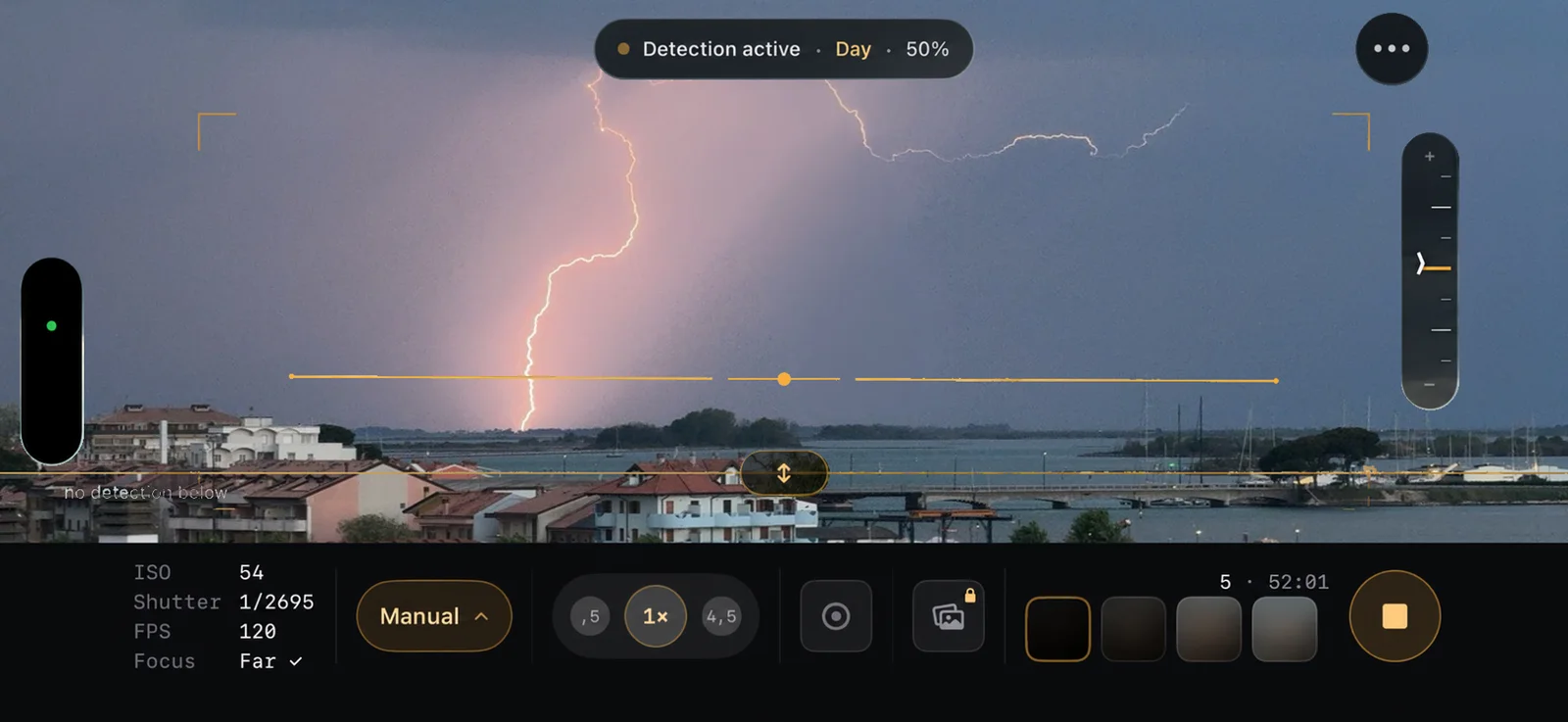 Camera screen by day over the Grado lagoon: detection active, a lightning strike captured, five strikes in the thumbnail strip.