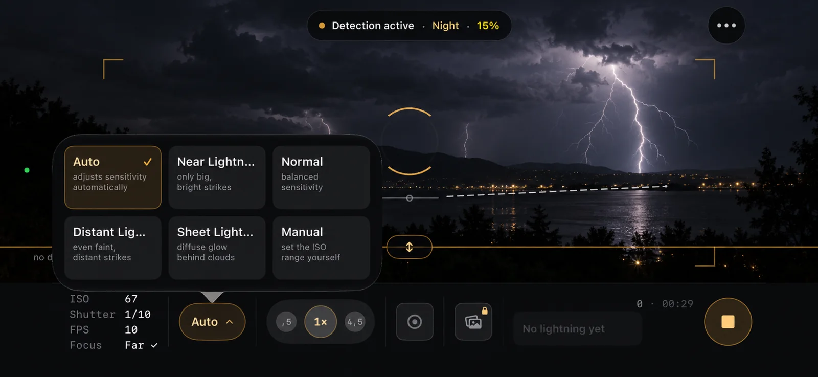 The mode menu open on the camera screen at night, with Auto selected.
