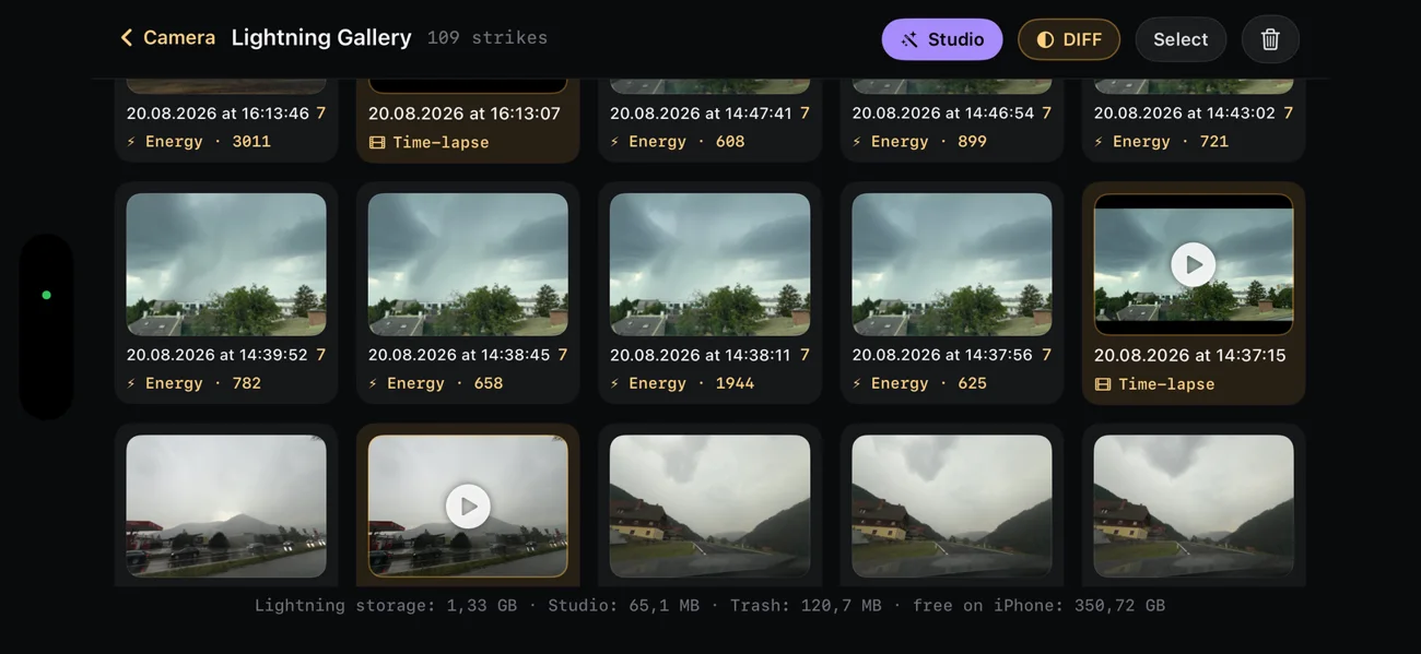 The Lightning Gallery with strike cards, time-lapse cards and the DIFF button.