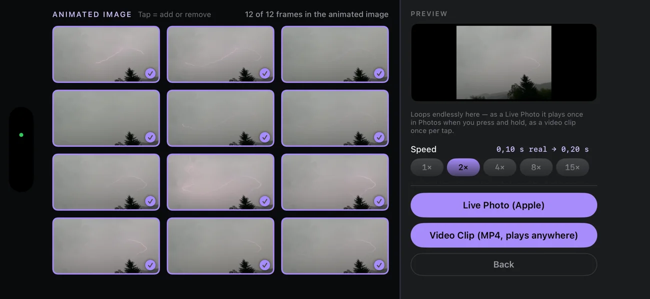 Animated image: twelve frames, speed 2×, export as Live Photo or MP4.