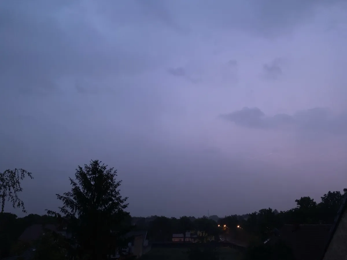 A violet glow in a night sky above dark trees, no visible lightning line.