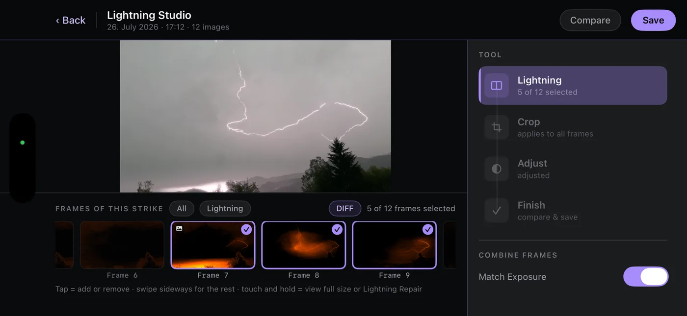 Lightning Studio: five of twelve frames selected and combined into one image.