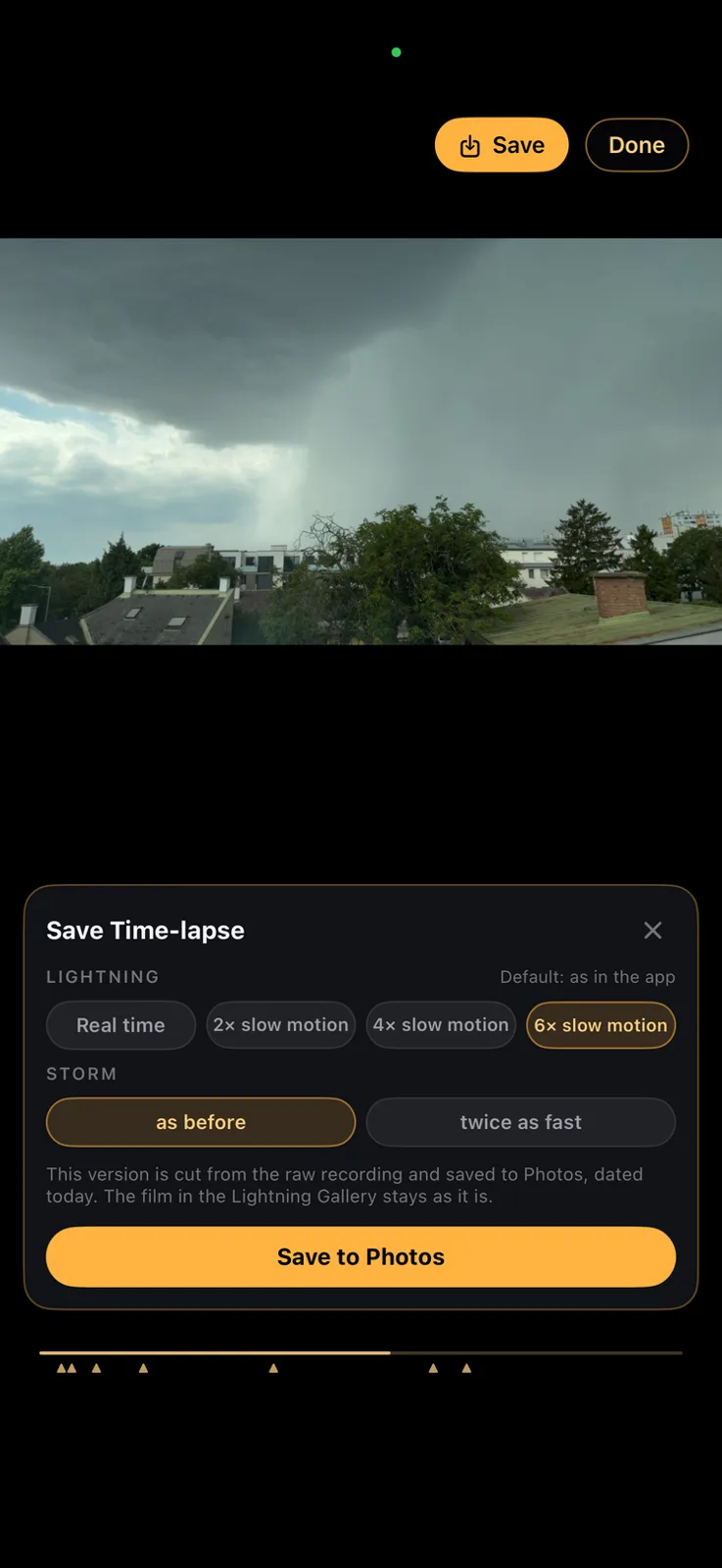 Time-lapse player with the Save Time-lapse card: lightning in 6× slow motion, storm as before.